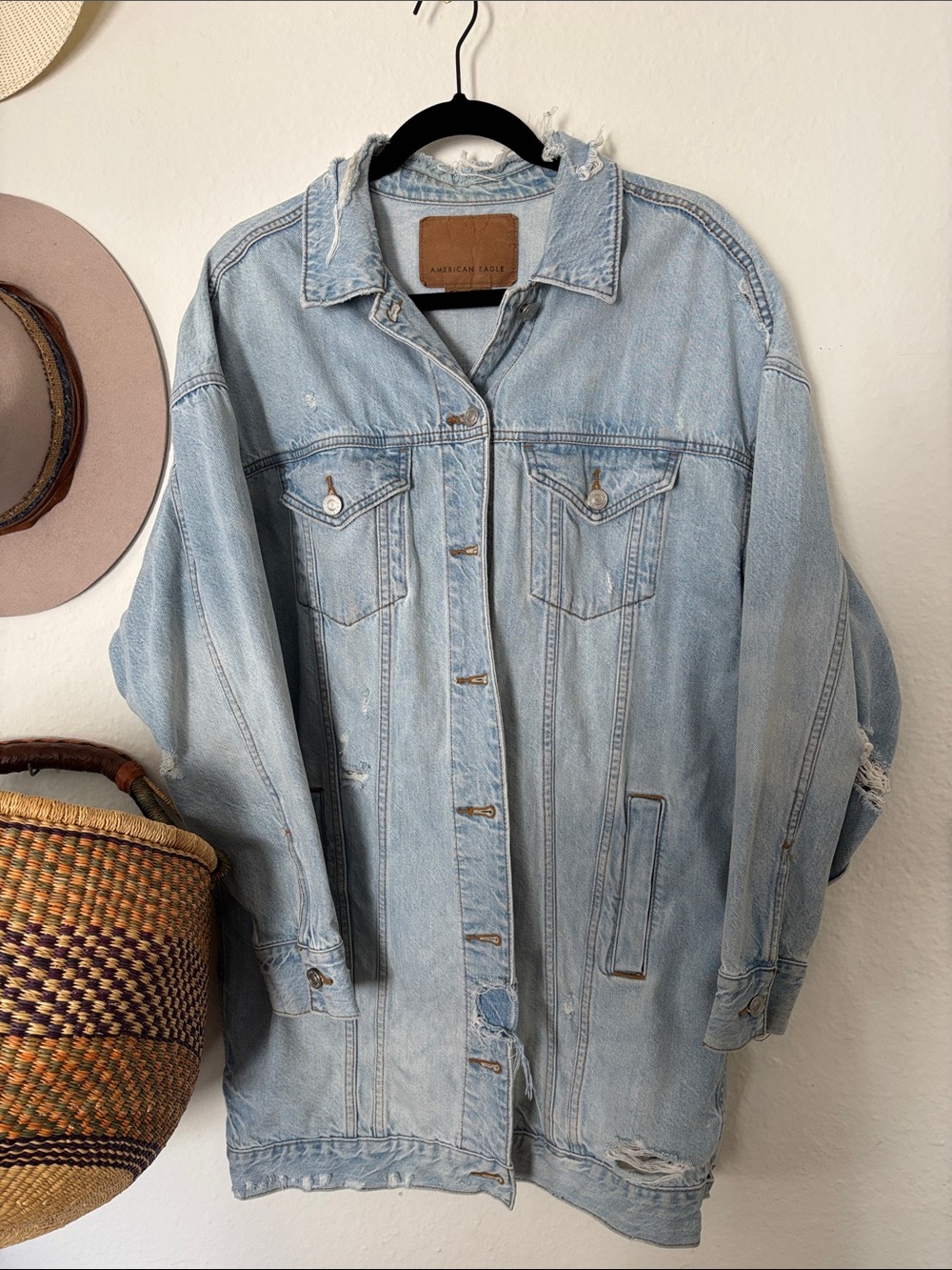 American Eagle Outfitters Distressed Light Wash Denim Jacket